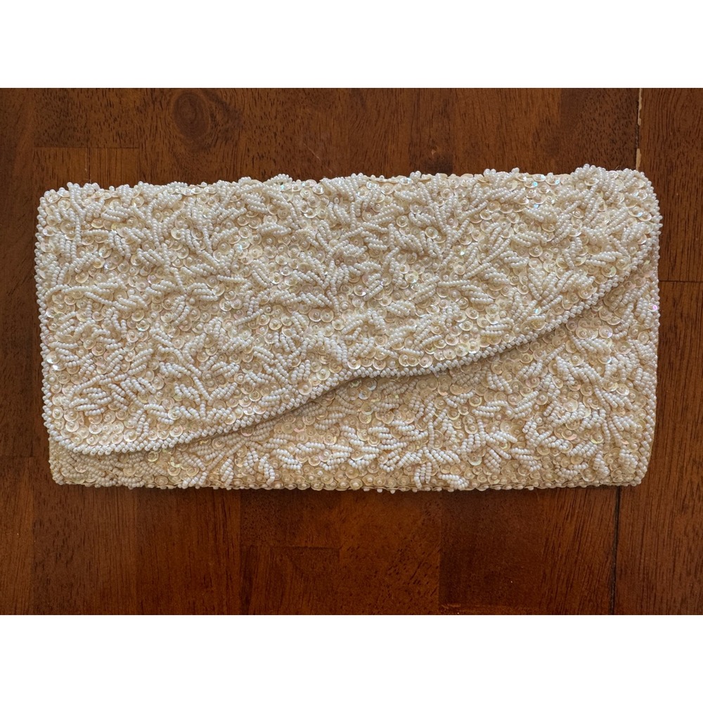 Vintage Jordan Marsh Florida Beaded Sequin Envelope Clutch Bag Ivory White